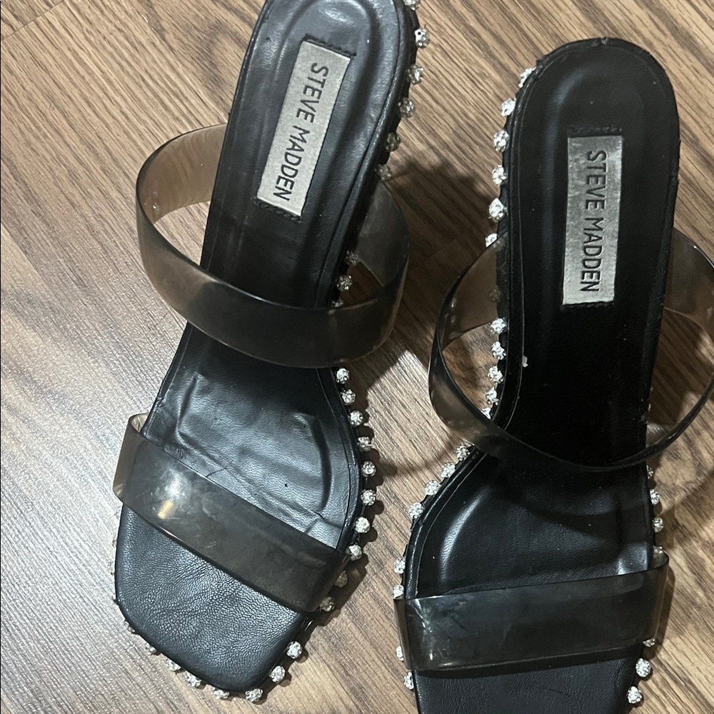 Steve Madden Black Clear-Strap Jeweled Slide Sandals